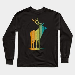 Wild Elk Silhouette Retro Stripe Pattern Long Sleeve T-Shirt